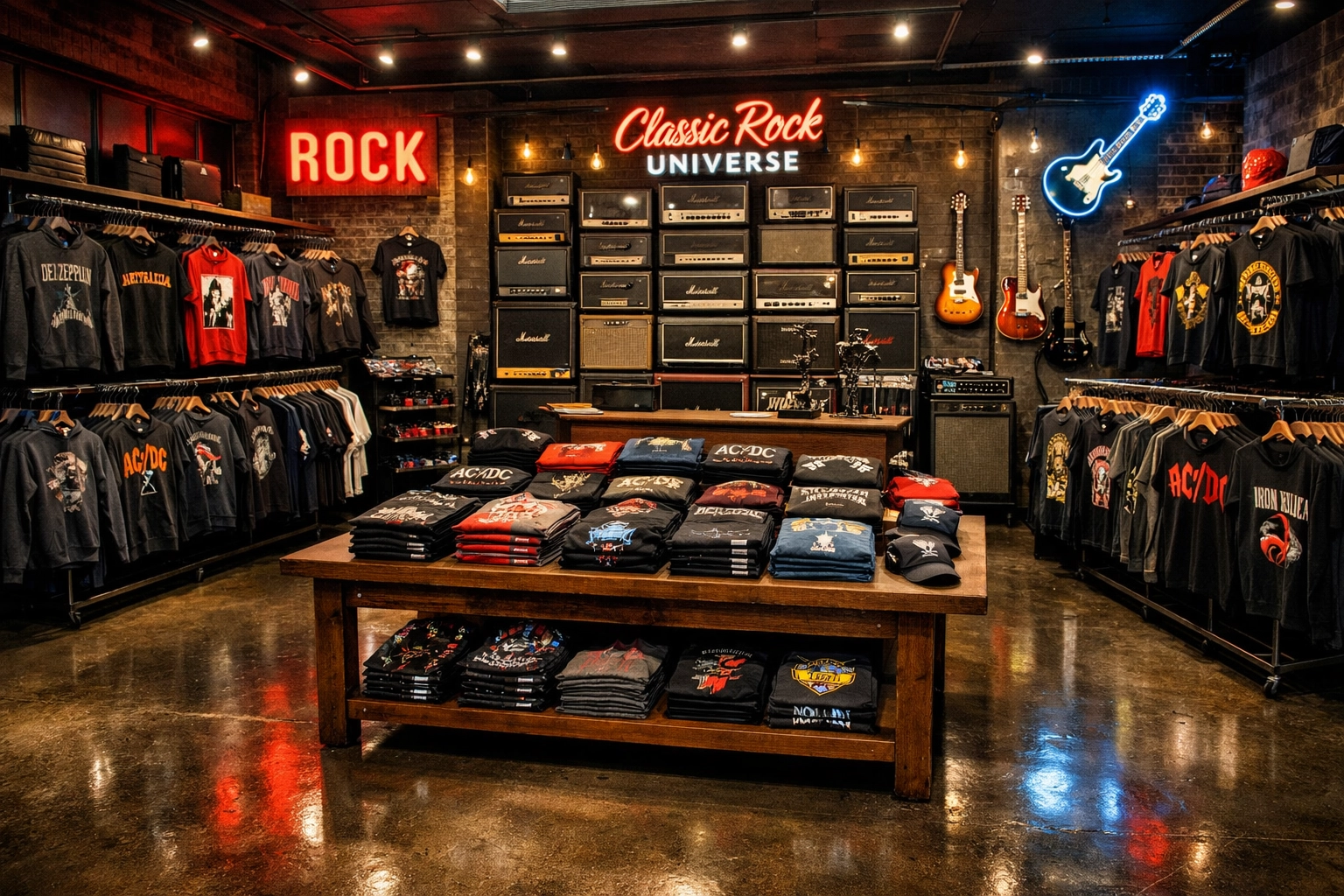 Inside the Rock Universe retail store featuring officially licensed band hoodies and rock music gear.