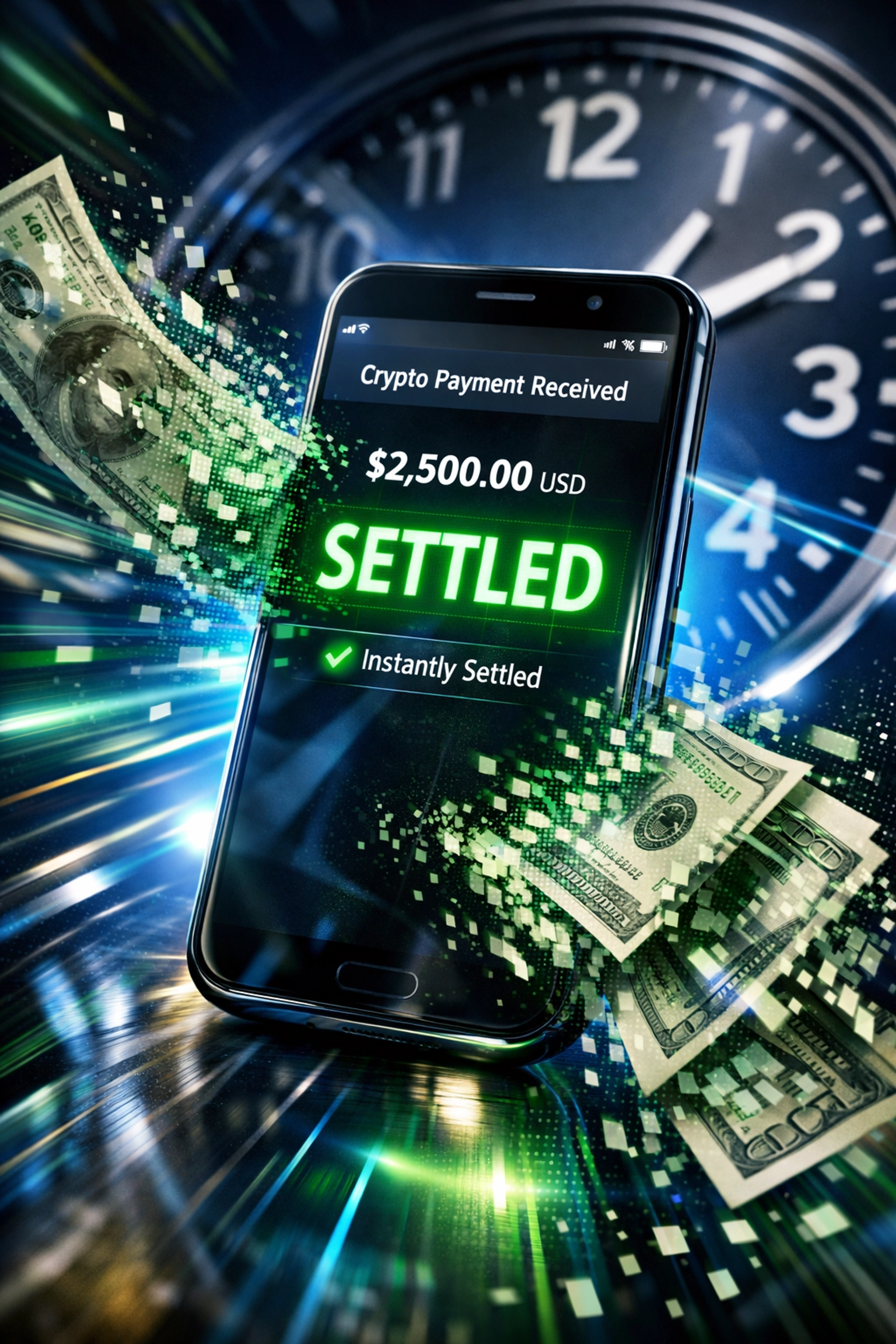 Instant crypto payment settlement on merchant smartphone screen