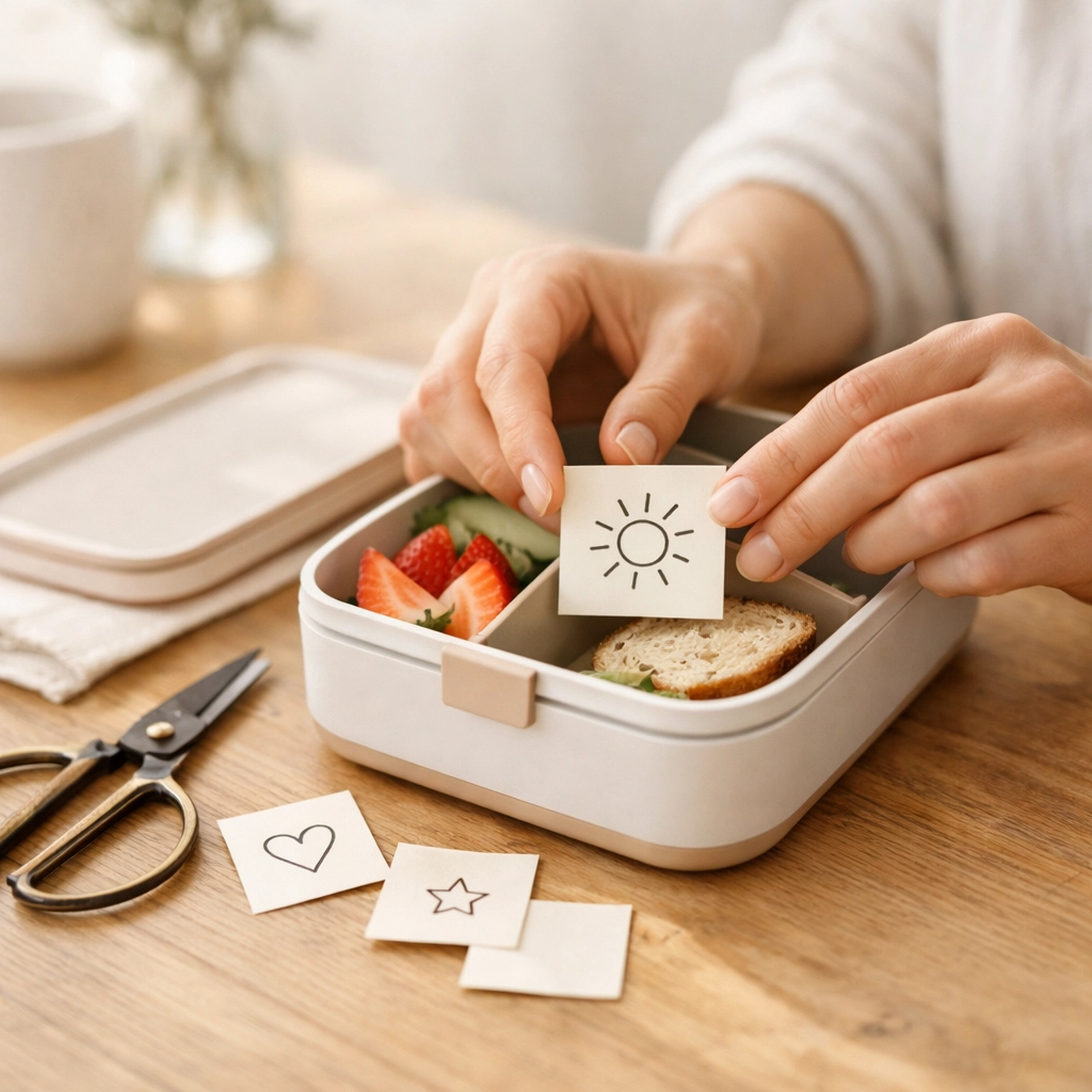 Hand placing a printable lunchbox note in a bento box, a simple digital product idea for moms to sell from home.