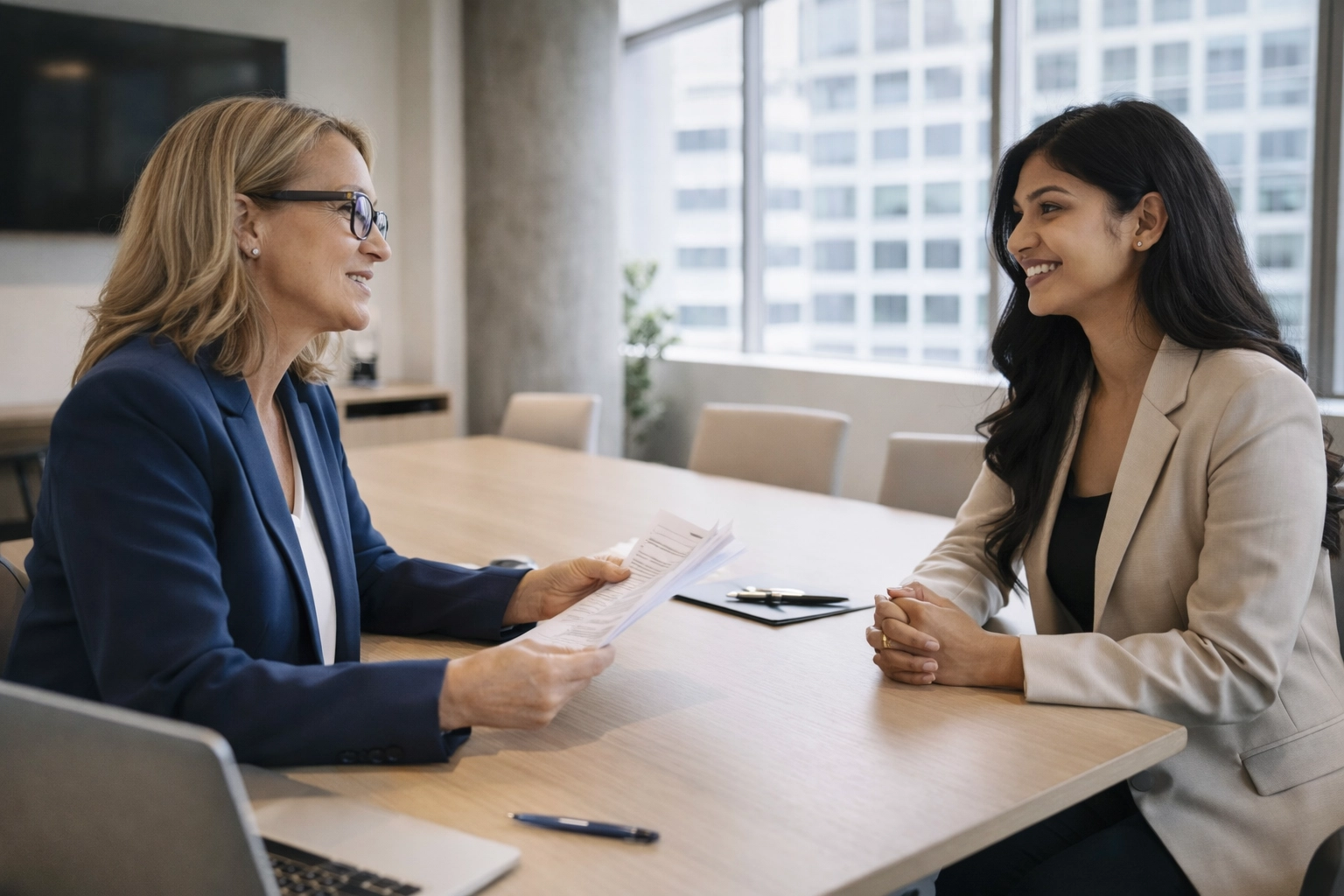 Hiring manager interviews an administrative candidate in a modern office meeting room, highlighting specialized staffing solutions and job fit.