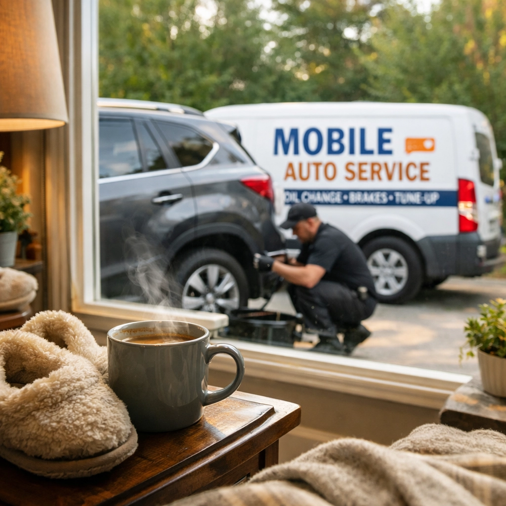 Homeowner enjoying coffee while a mobile mechanic performs an oil change in the driveway.