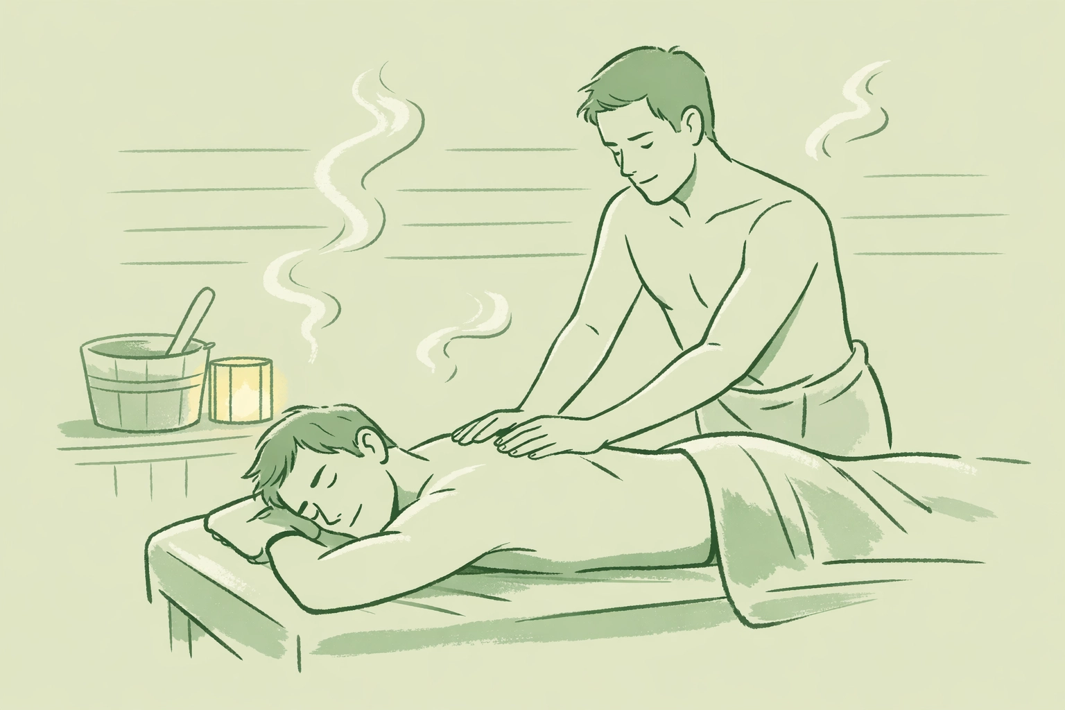 Professional massage in gay sauna with therapeutic touch between men