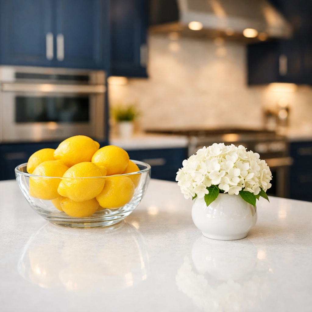 Sparkling clean white quartz kitchen island showing the eco-friendly results of professional cleaners Needham.