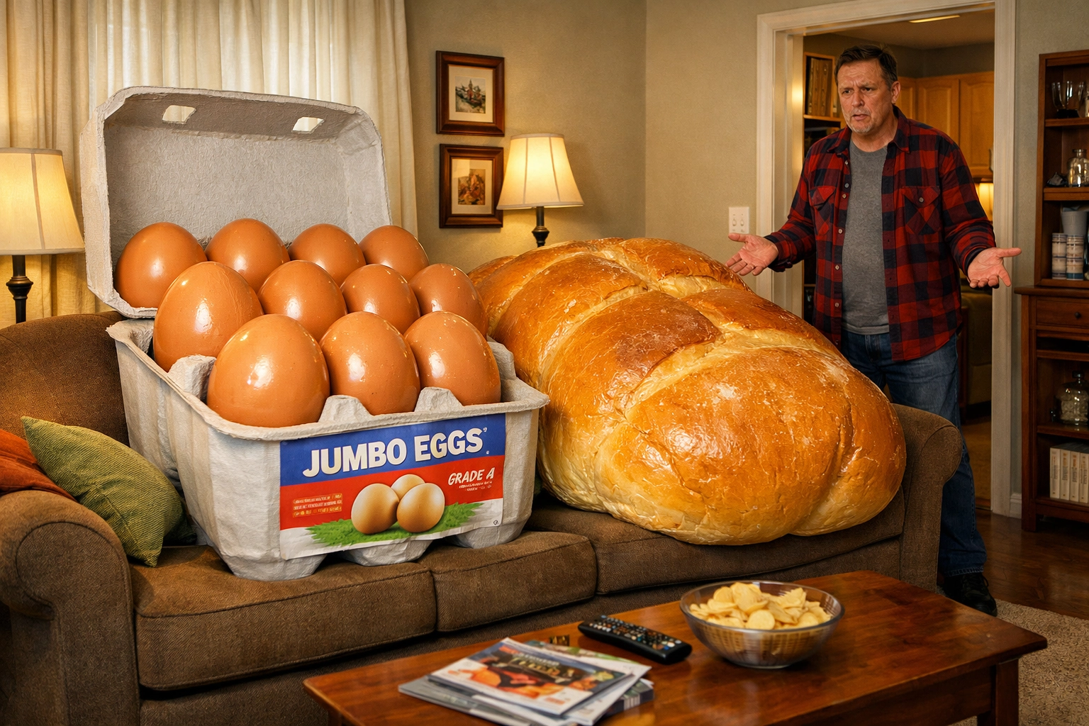Massive grocery items crowding a man out of his room, symbolizing the persistent nature of sticky inflation.