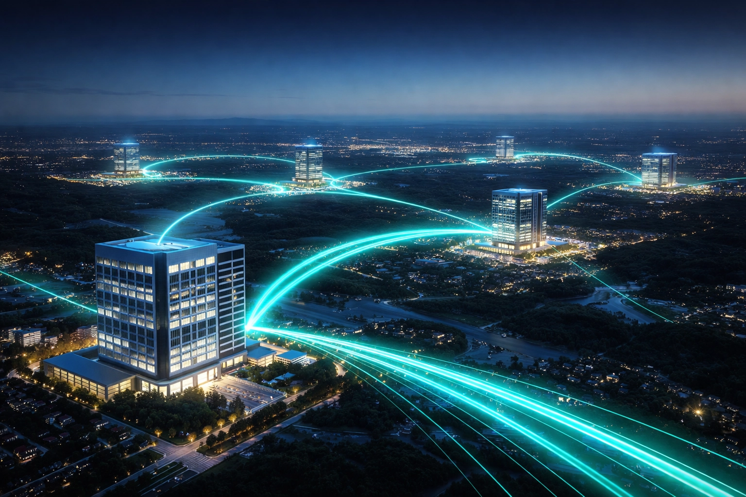 Aerial view of office buildings linked by glowing fiber optic lines highlighting multi-site network connections