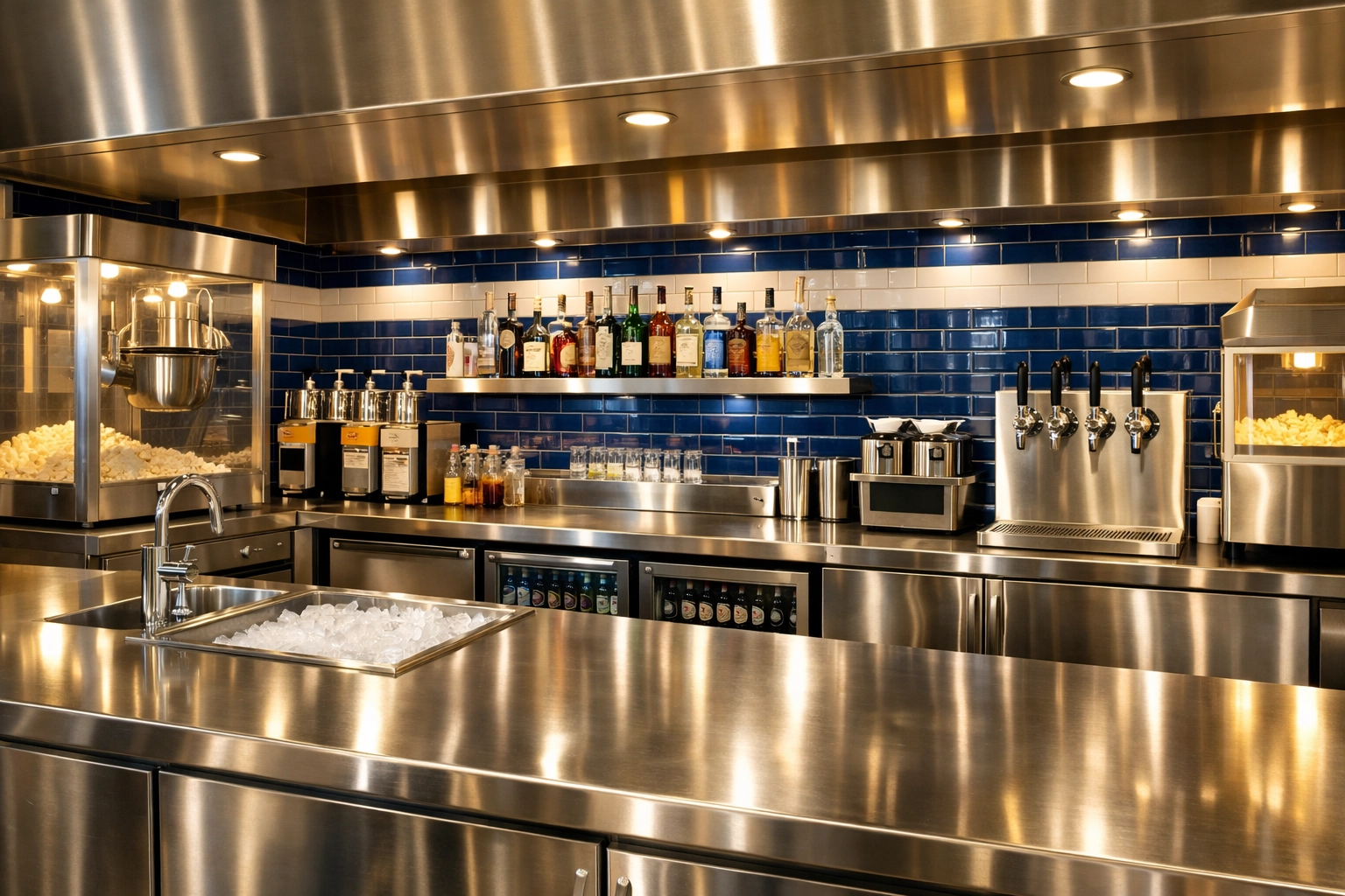 Polished stainless steel concession area in an Allston venue after professional cleaning.