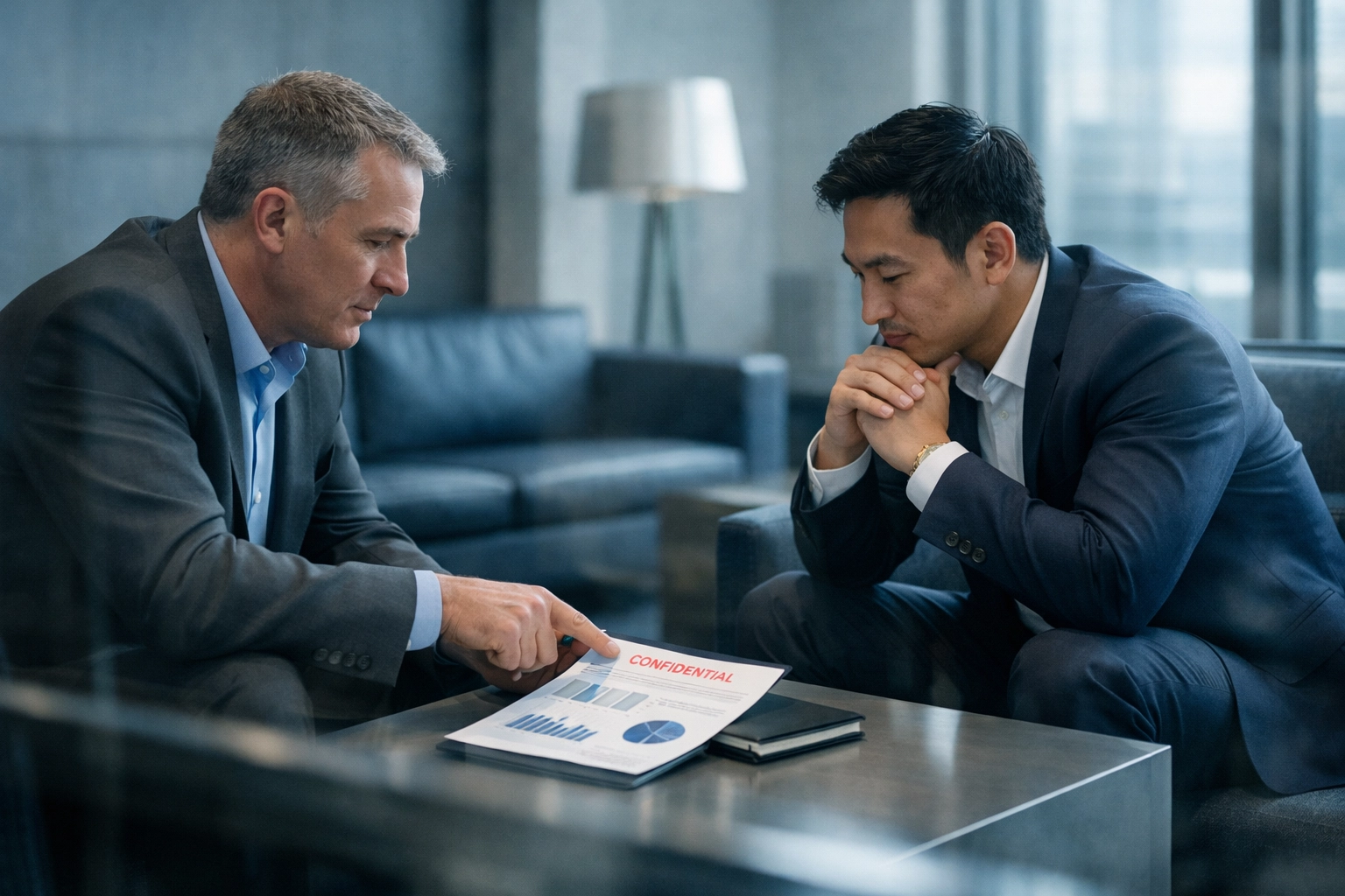 Two professionals in a private meeting discussing confidential strategies to sell my business North Carolina.