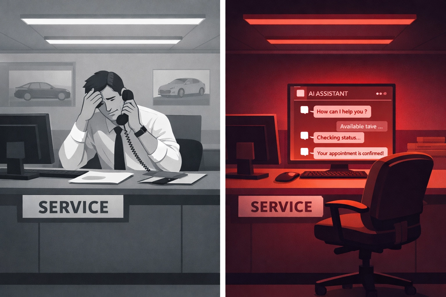 Dealership service desk comparison: daytime human staff vs. nighttime AI concierge system