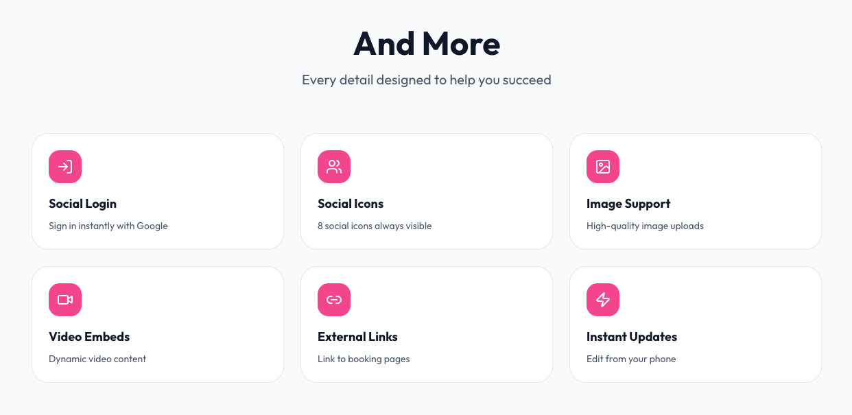Feature highlight graphic showing Outli.ne's tools A graphic demonstrating Outli.ne's core tools: Social Login (easy Google sign-in), Social Icons (always visible), high-quality Image Support, Video Embeds (dynamic video), External Links (booking links), and Instant Updates: showing how visual creators can quickly build image-first portfolios, share videos, link externally, and edit from their phones.