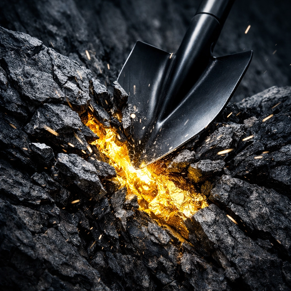 A shovel hitting a gold vein in rock, showing ISA accountability and ROI from CRM lead digging.