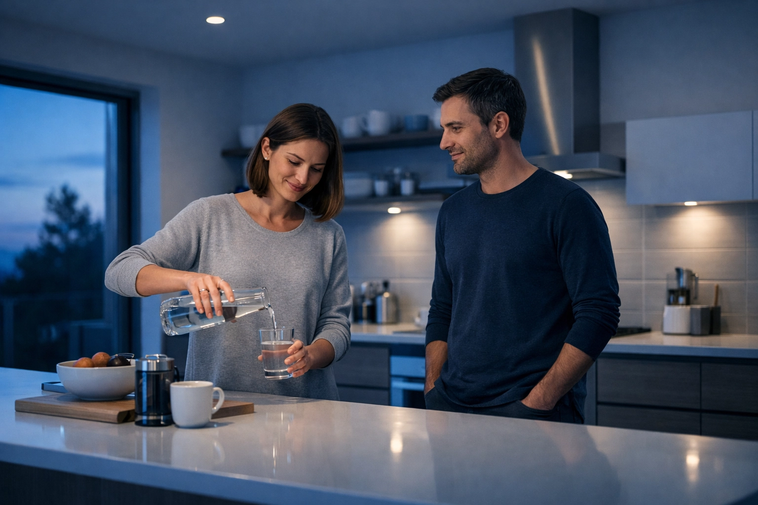 A couple engaging in intentional rituals in a calm kitchen to build secure functioning and relational habits.