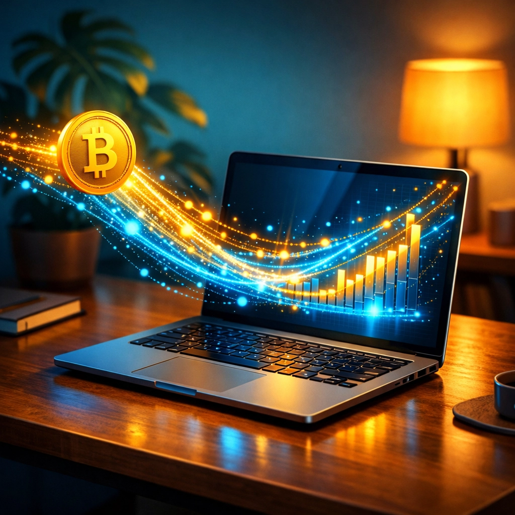 Automated bank feeds syncing transaction data with cloud accounting software on a laptop.