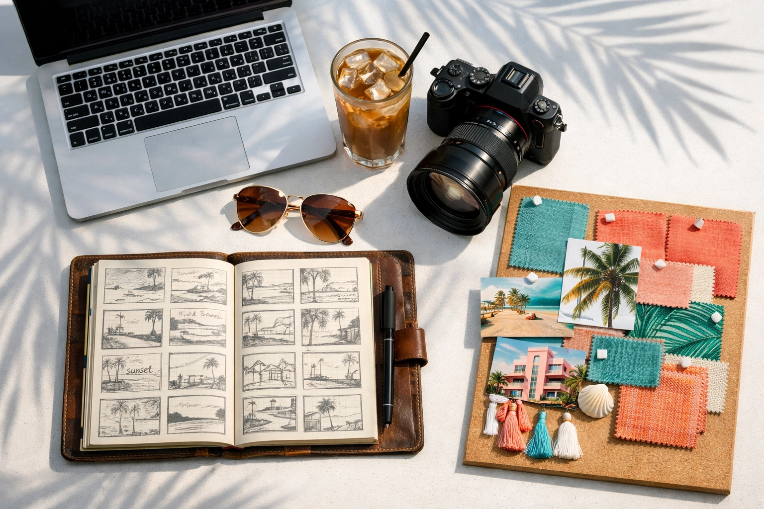 Creative workspace in a Miami studio set up for professional brand and product photography Miami planning.
