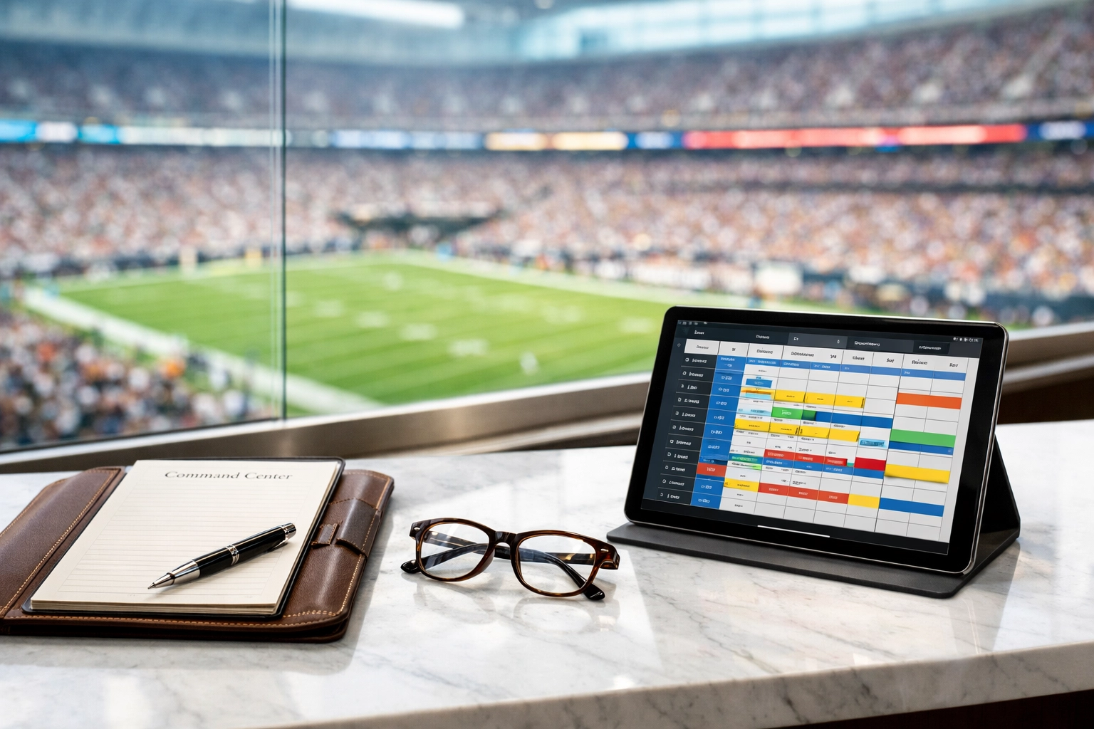 Executive travel command center inside a luxury suite overlooking a Super Bowl stadium field.