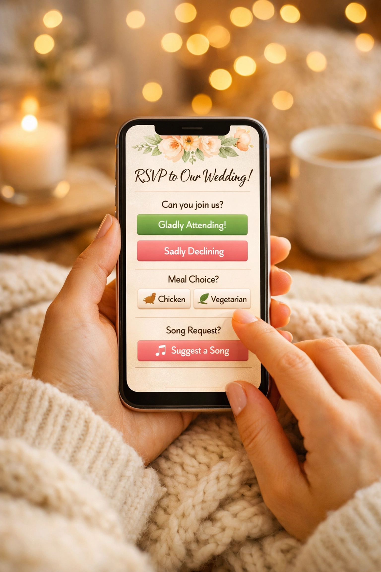 Person using a smartphone to interact with a digital wedding RSVP and guest contribution hub.