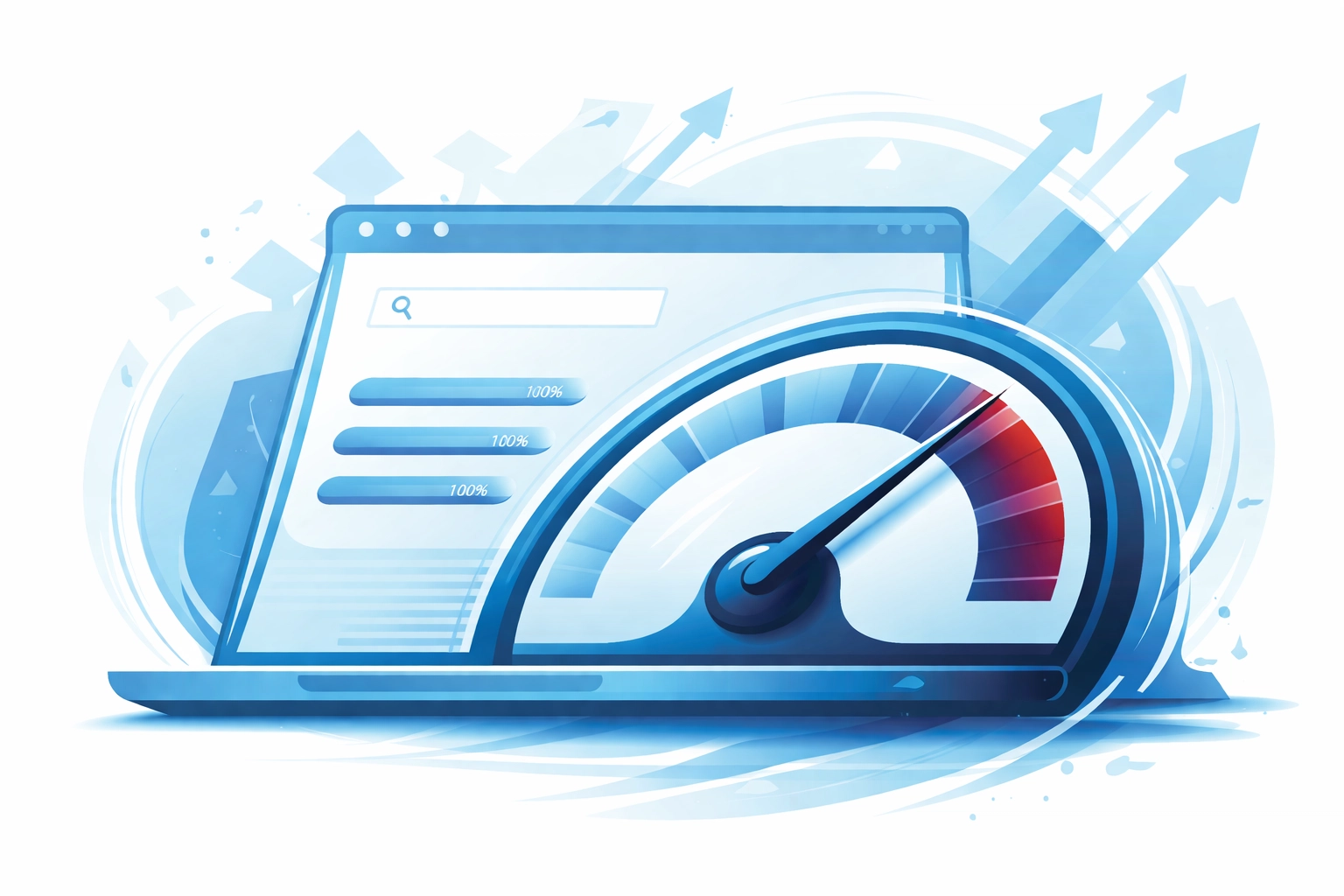 Speedometer and laptop symbolizing optimized website performance and the benefits of proactive website maintenance