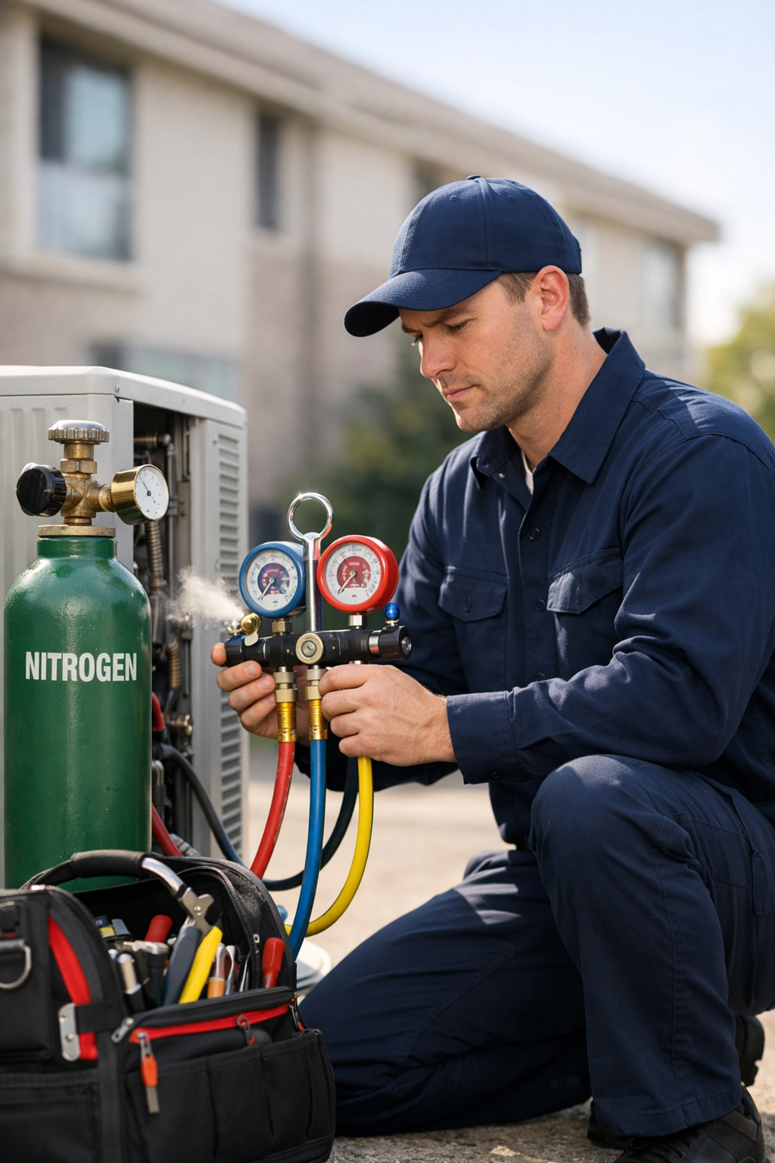 An HVAC engineer using a nitrogen cylinder to purge a residential air conditioning system.