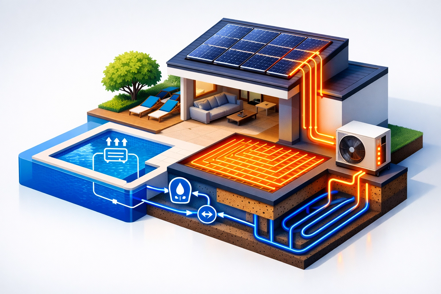 Sustainable home energy system combining solar panels, heat pump technology, and underfloor heating in Surrey.
