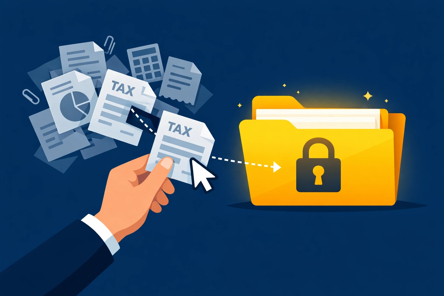 Digital hand moving tax documents into a secure folder with a padlock for safe filing.