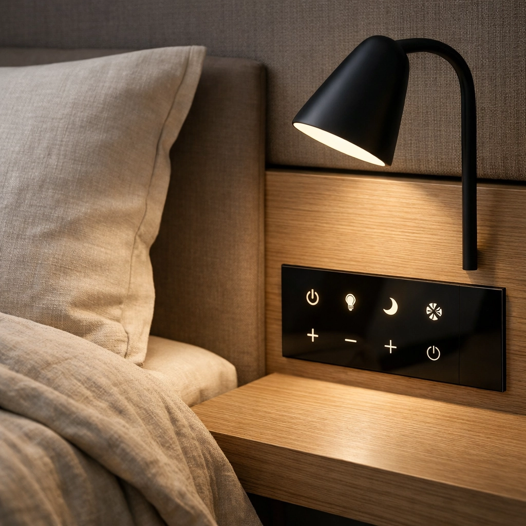 Smart hotel room bedside control panel on a wooden nightstand representing automated guest experiences.