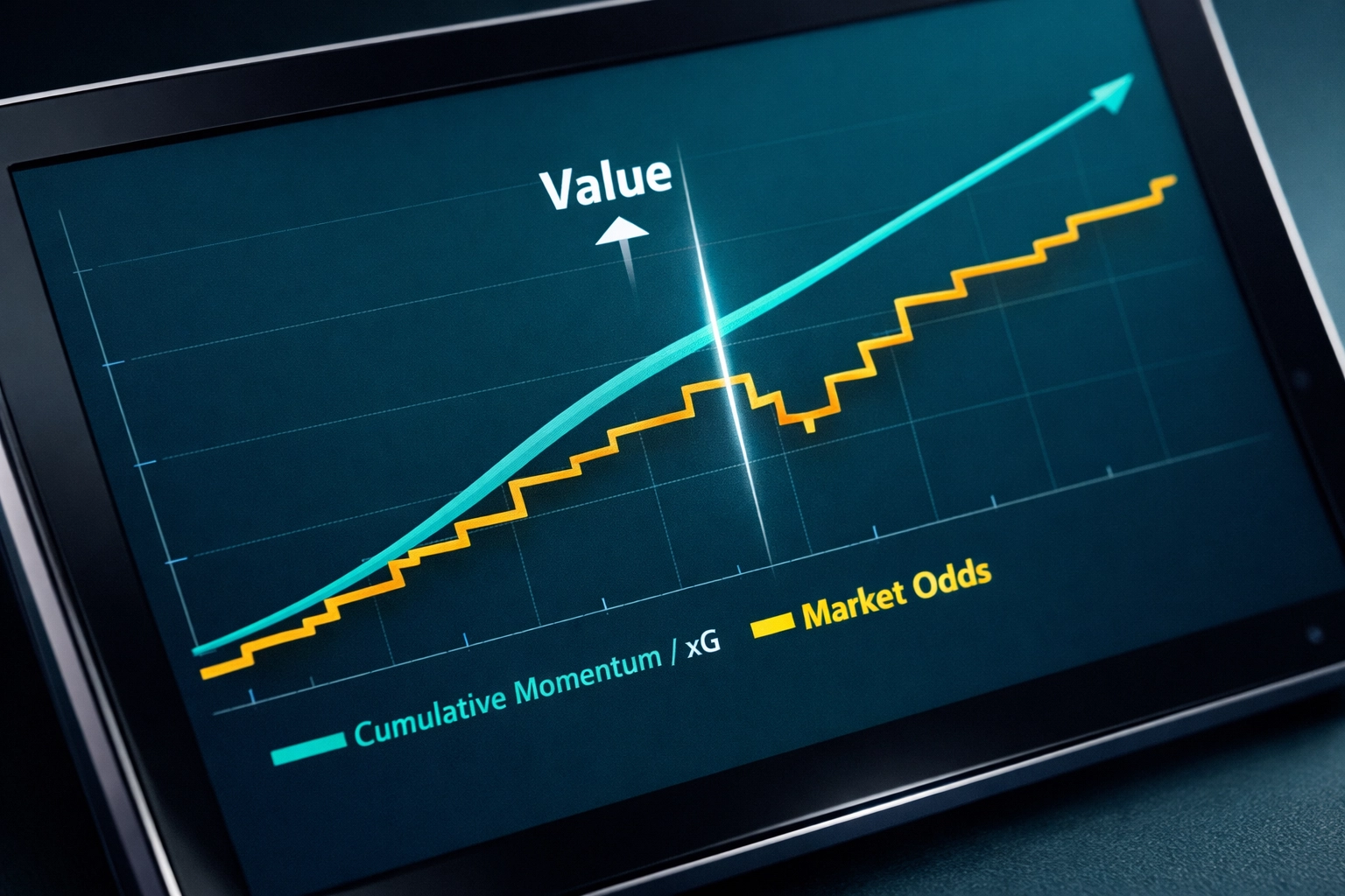 Football xG and momentum data visualization chart highlighting value in live betting markets.