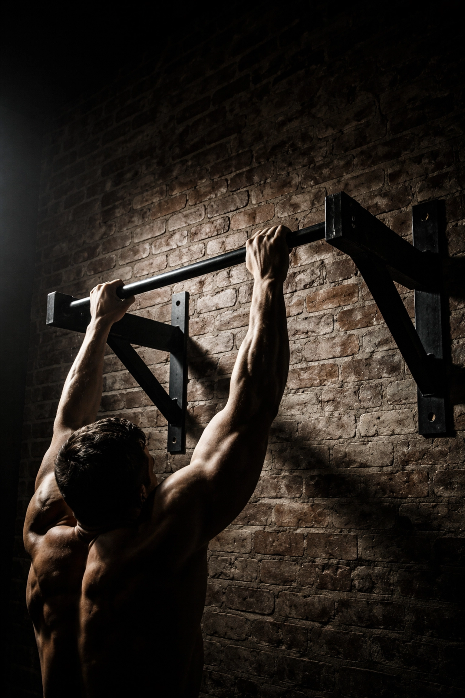 Minimalist home gym corner with wall-mounted pull up bar for bodyweight workout at home