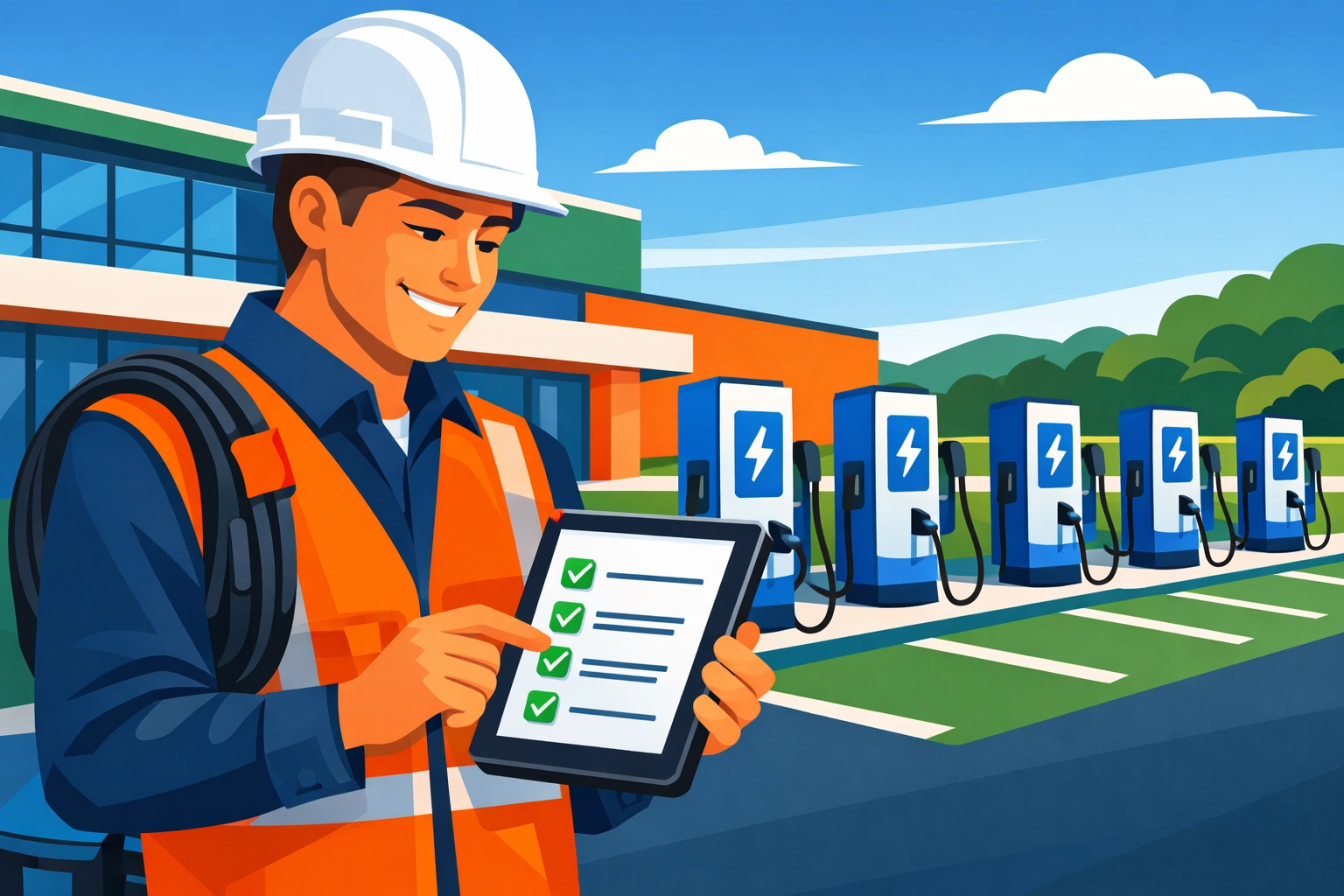 Electrician using mobile field service app at commercial EV charging station installation