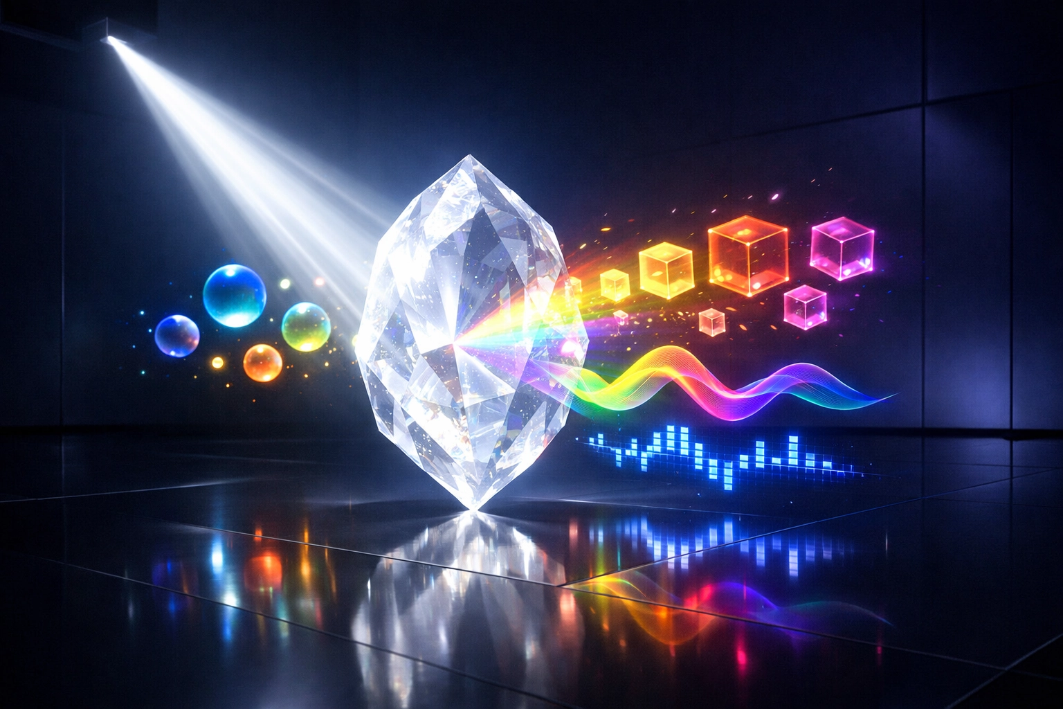 A glowing crystal refracting light into various shapes representing multi-format content repurposing for small business.