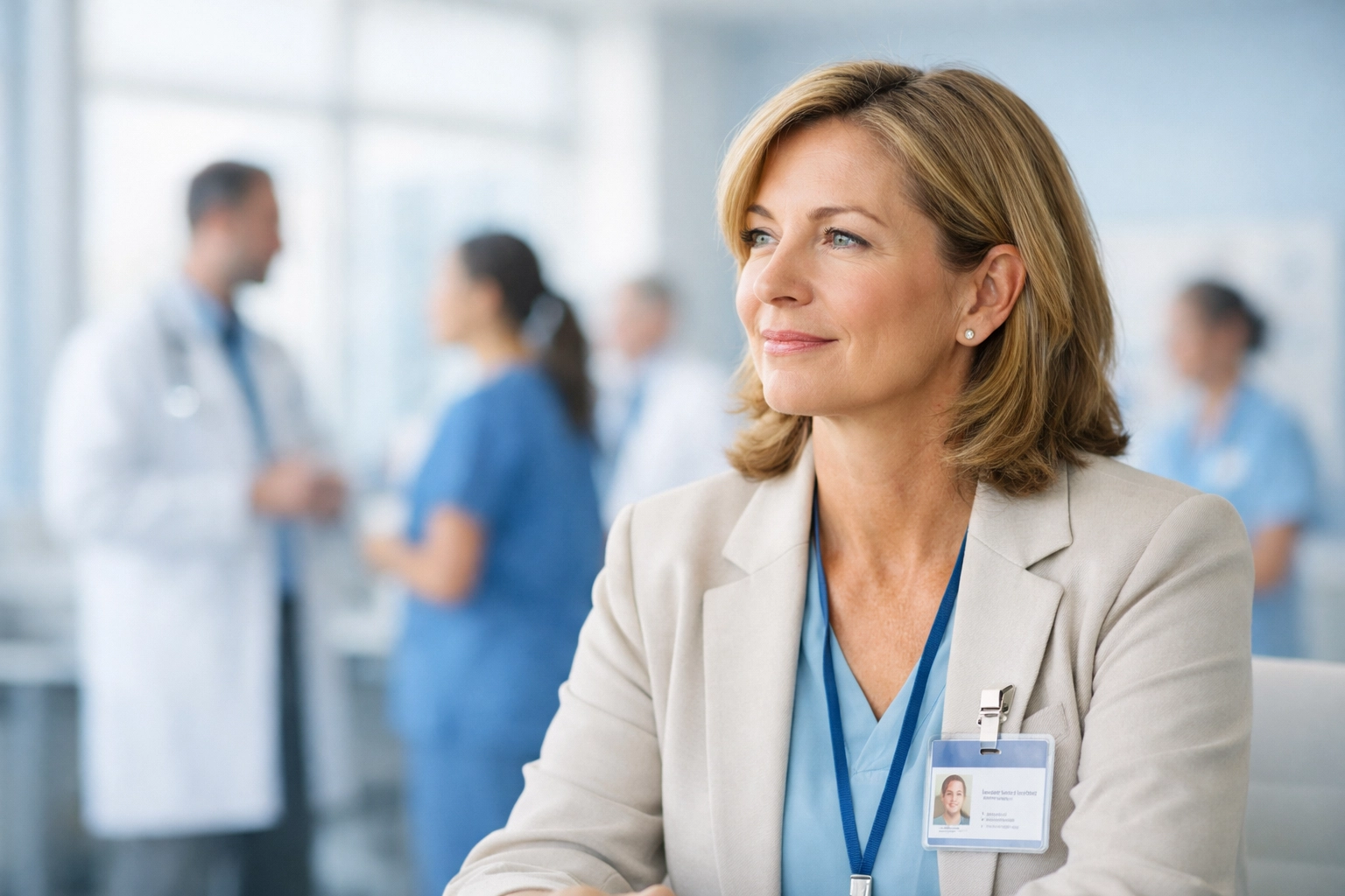 Healthcare leader practicing leadership resilience and mental focus in a professional office to prevent team burnout.