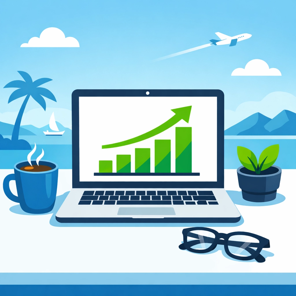 Modern laptop workspace showing growth charts for small business tax deduction planning.