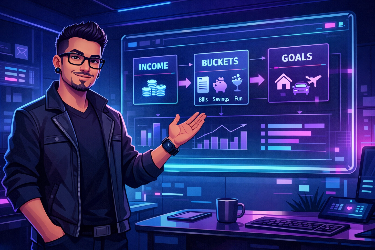 Matthew Elizondo acting as a financial advisor using tech-driven data overlays for money management.