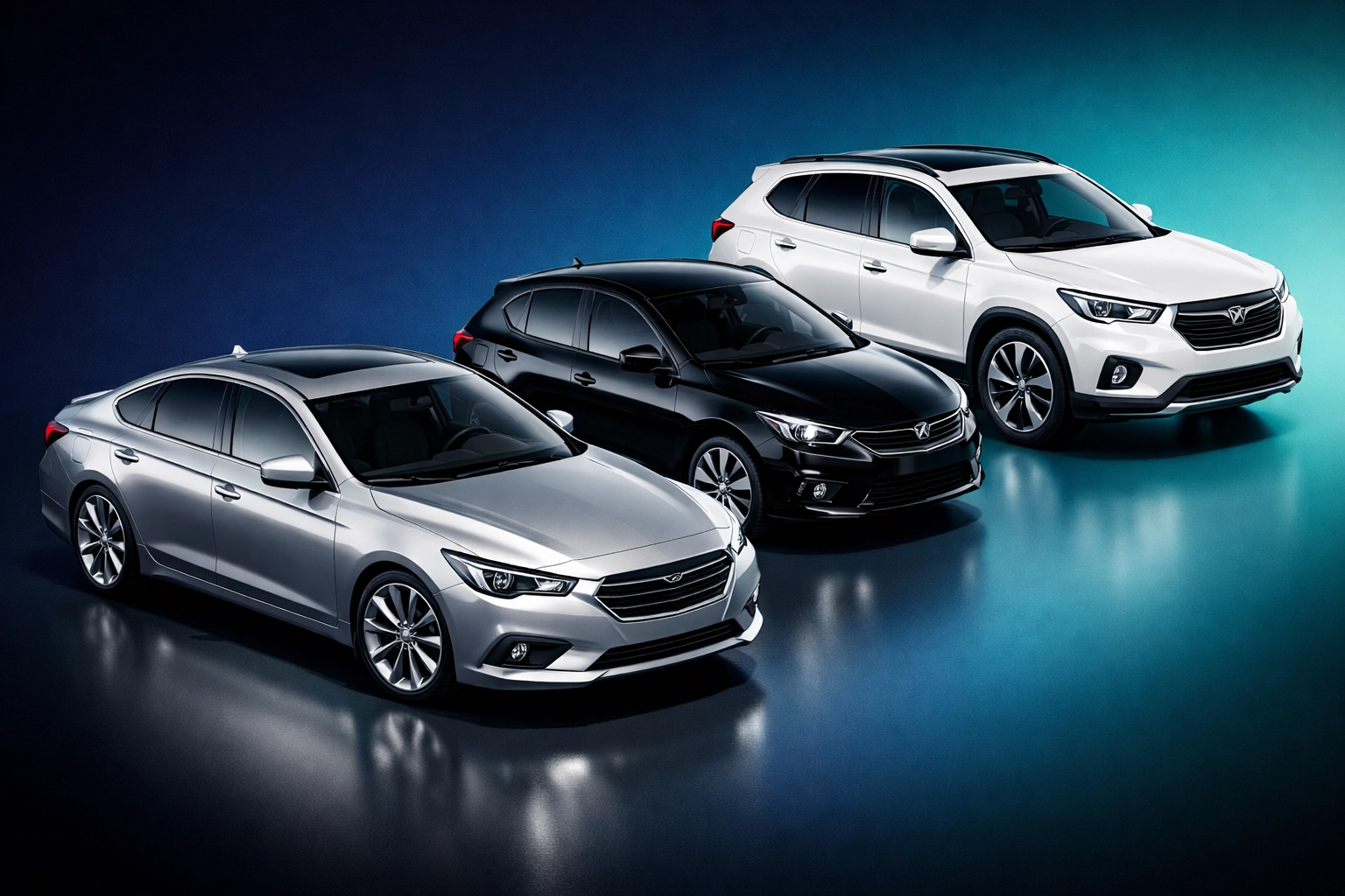 Three vehicle types for international shipping - sedan, compact car, and SUV displayed together