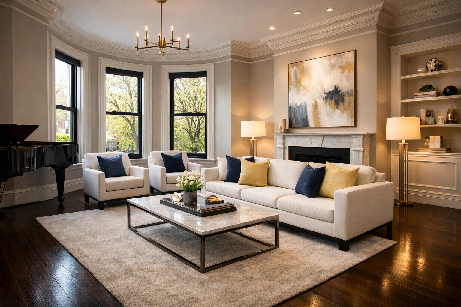 A spotless Boston brownstone living room after a deep cleaning MA service.