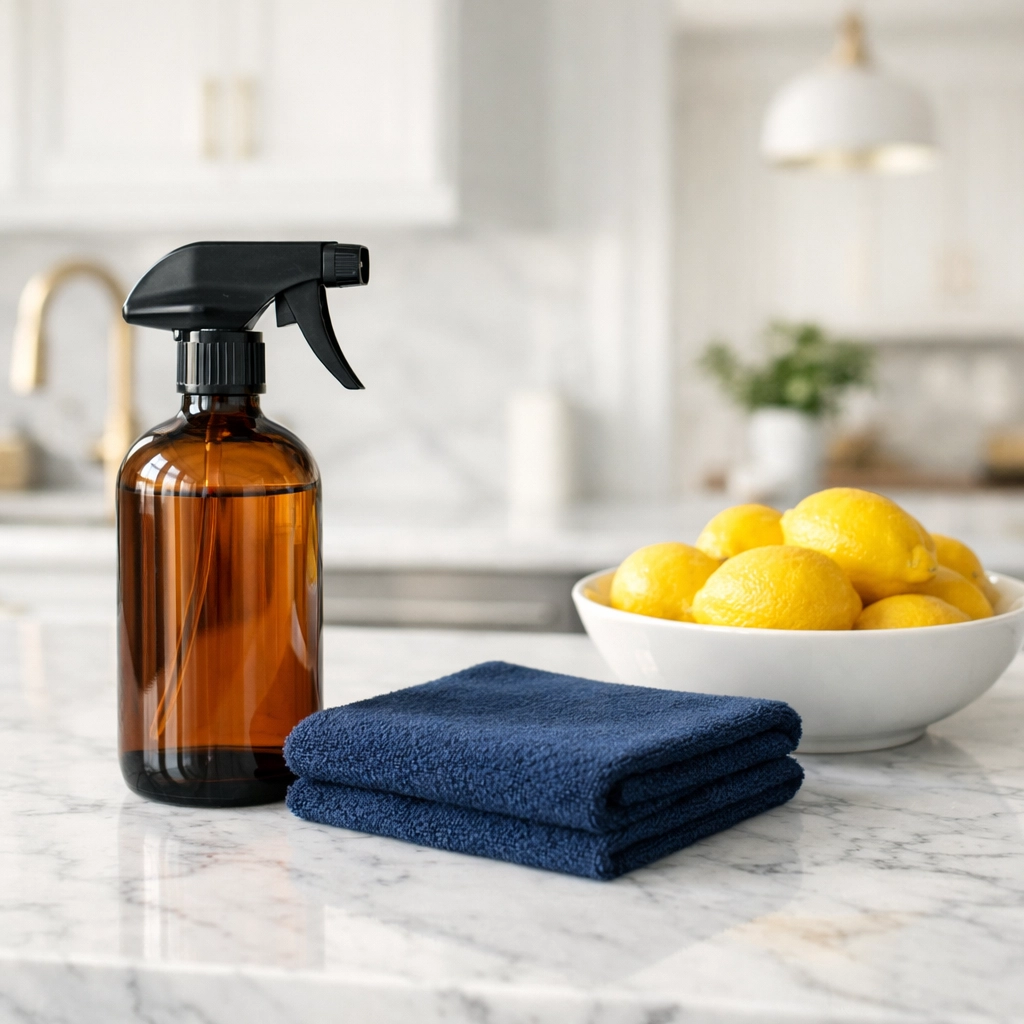 Eco-friendly Weston Cleaning Secrets applied to a luxury marble kitchen island in a high-end home.