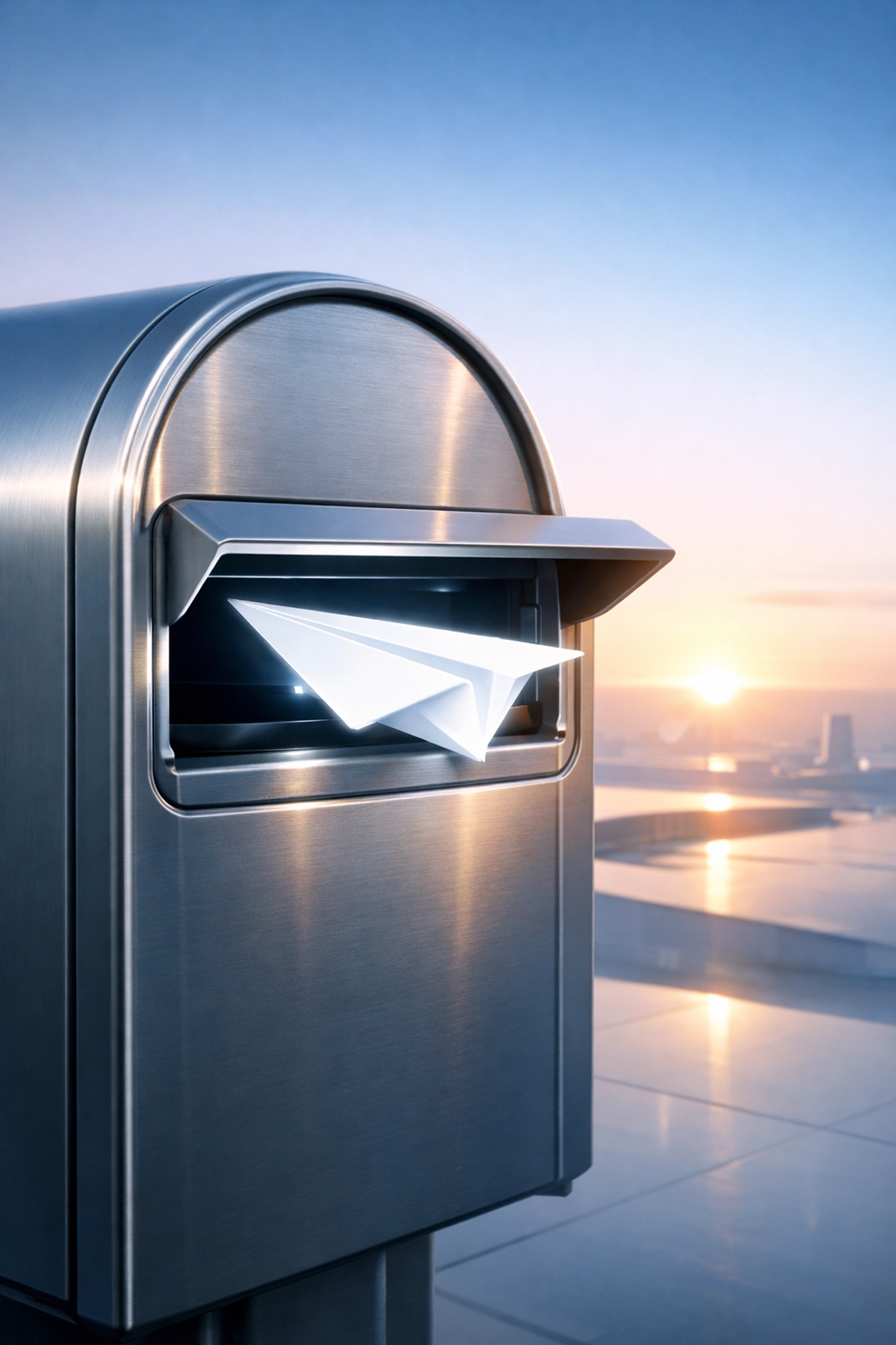A futuristic mailbox receiving a message, symbolizing high deliverability and email inbox placement for businesses.