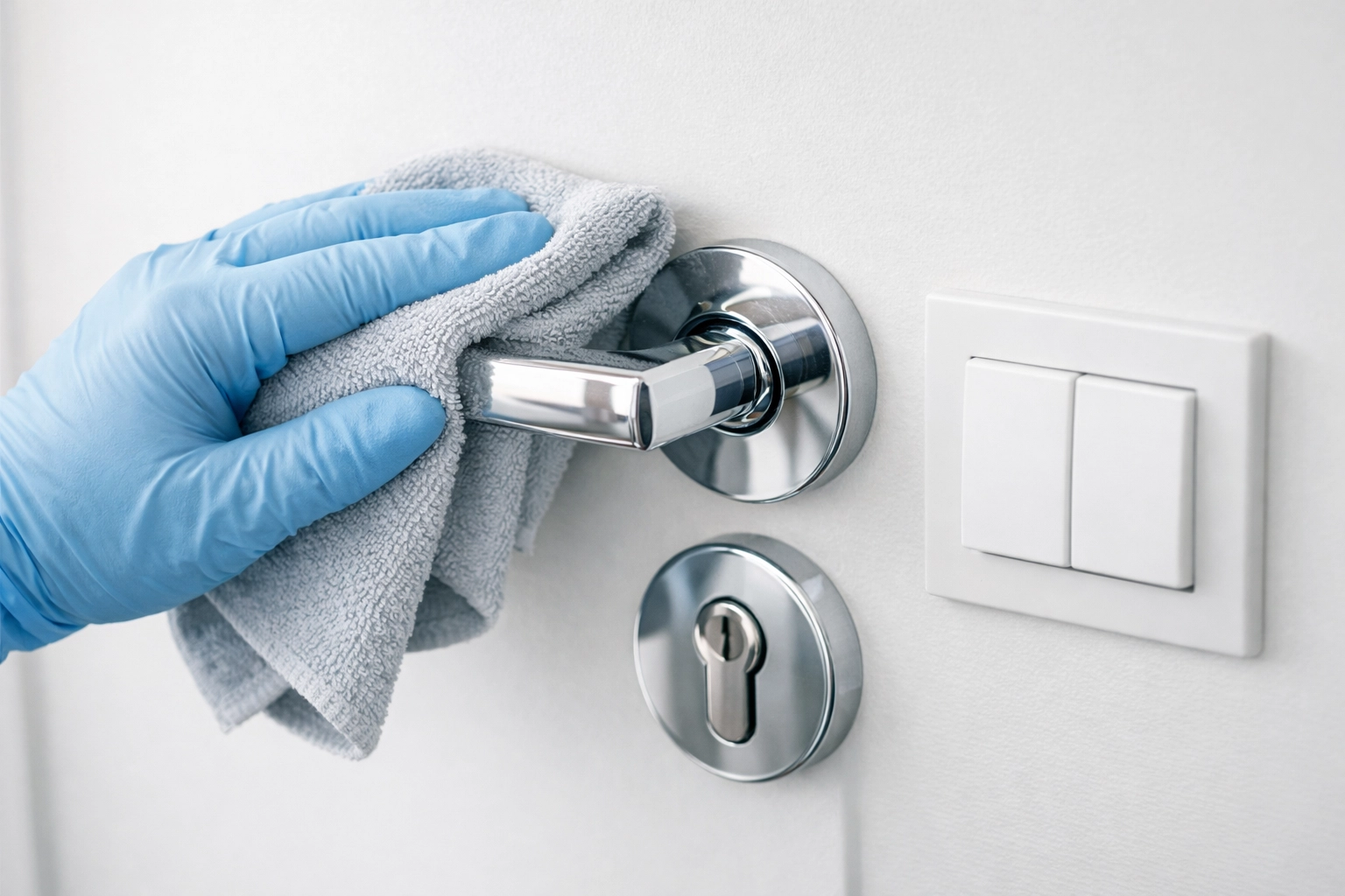 Cleaner disinfecting door handle and light switch during apartment turnover