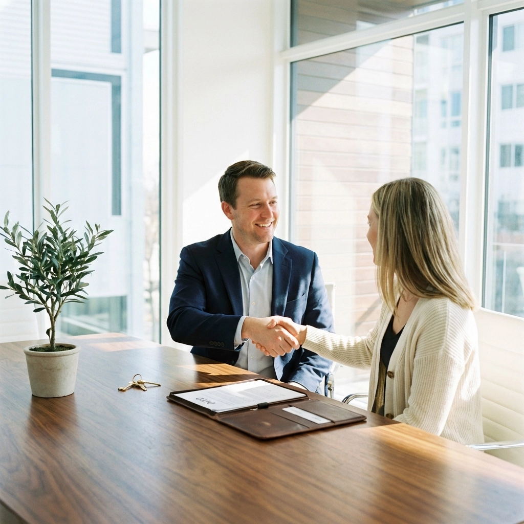 Handshake in a bright office with house keys and documents, representing successful real estate closings and title insurance in PA and NJ.