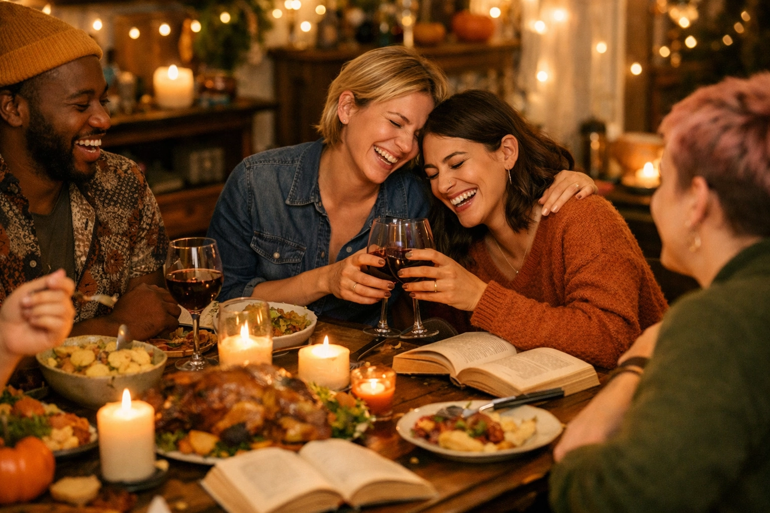 Diverse LGBTQ+ friends and a lesbian couple sharing a meal, highlighting the importance of chosen family.