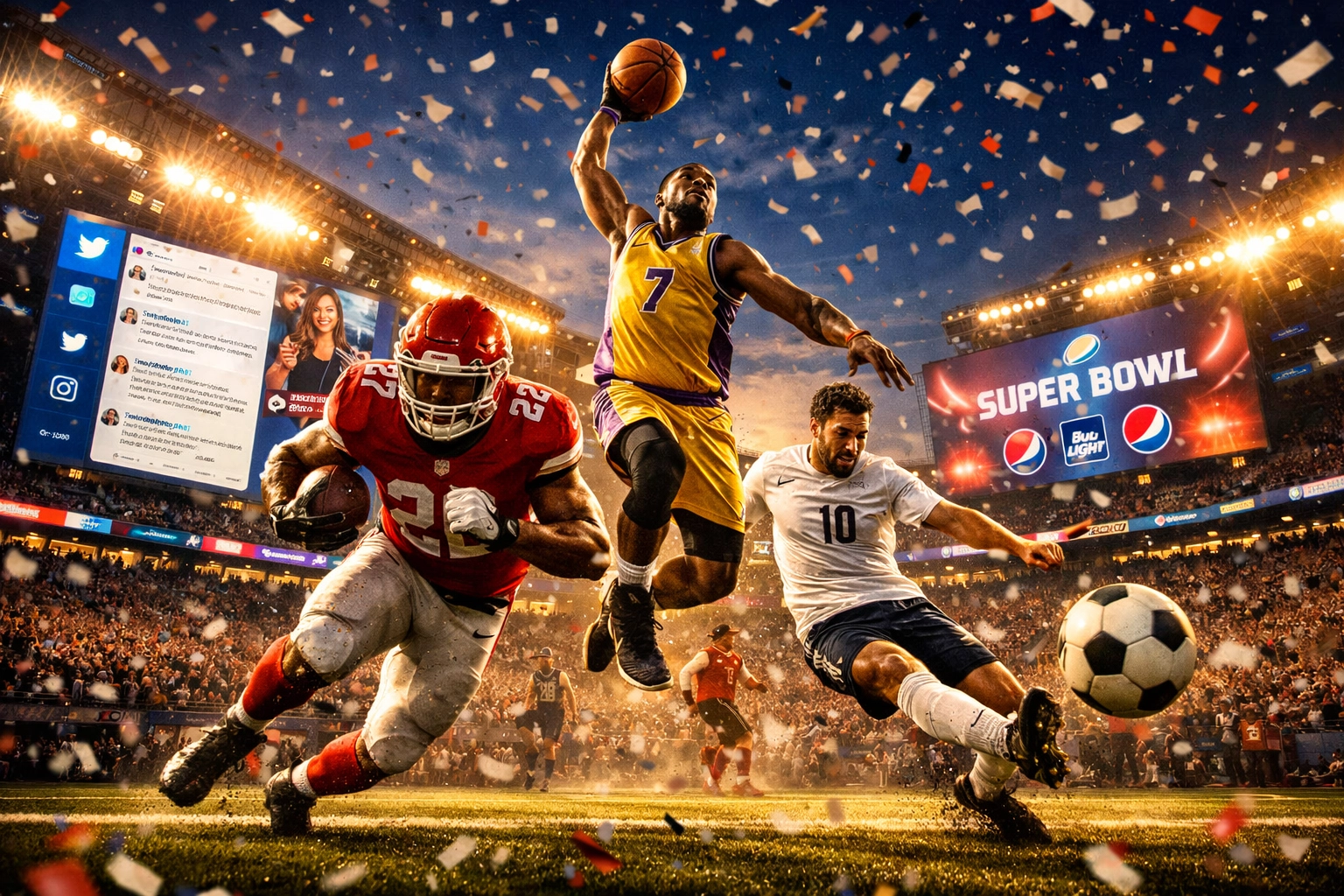 Athletes competing at packed Super Bowl stadium with digital marketing displays and social media feeds