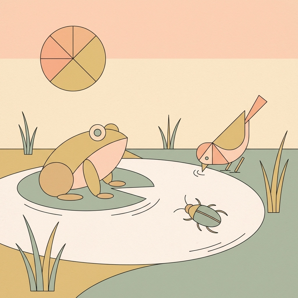 Wildlife at a mini pond at dawn with a frog, bird, and water beetle highlighting micro habitat diversity