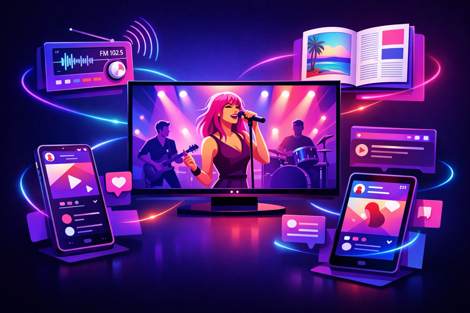 Multi-platform music promotion across streaming TV, radio, and digital magazine platforms
