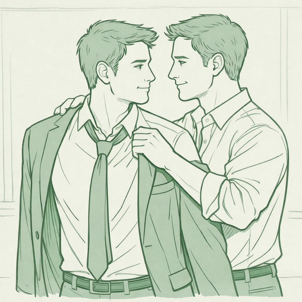 Two men sharing a romantic moment, symbolizing recovery from a ruined career in gay romance novels.