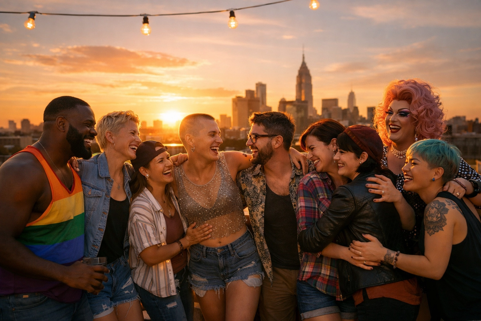 Diverse LGBTQ+ group laughing on a rooftop at sunset, representing queer community and found family.