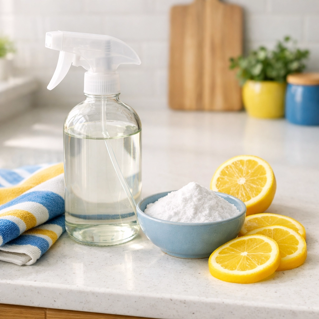 Eco-friendly cleaning supplies like baking soda and lemon for safe and natural pet odor removal.