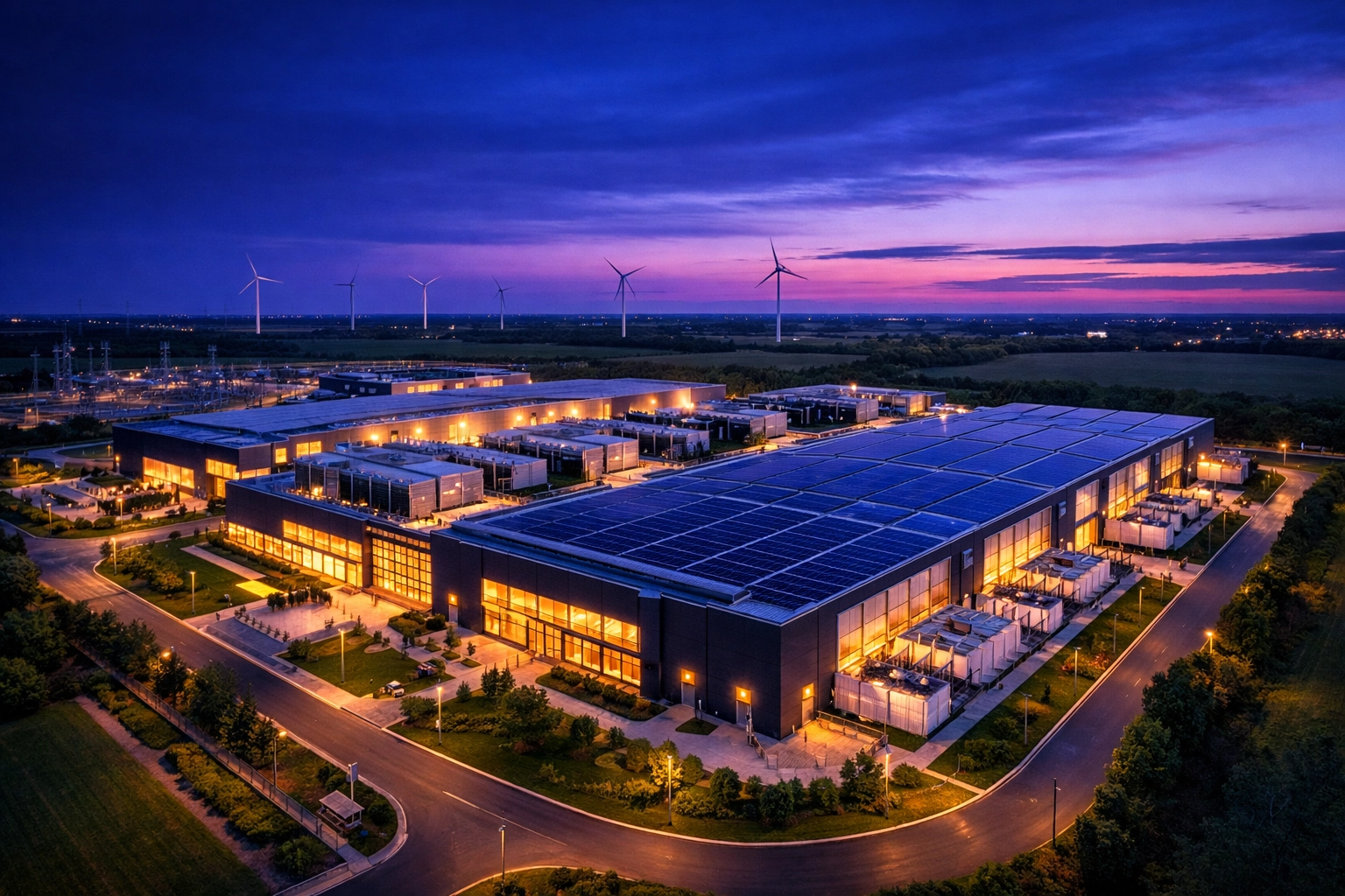 Modern data center facility with solar panels and renewable energy infrastructure investment