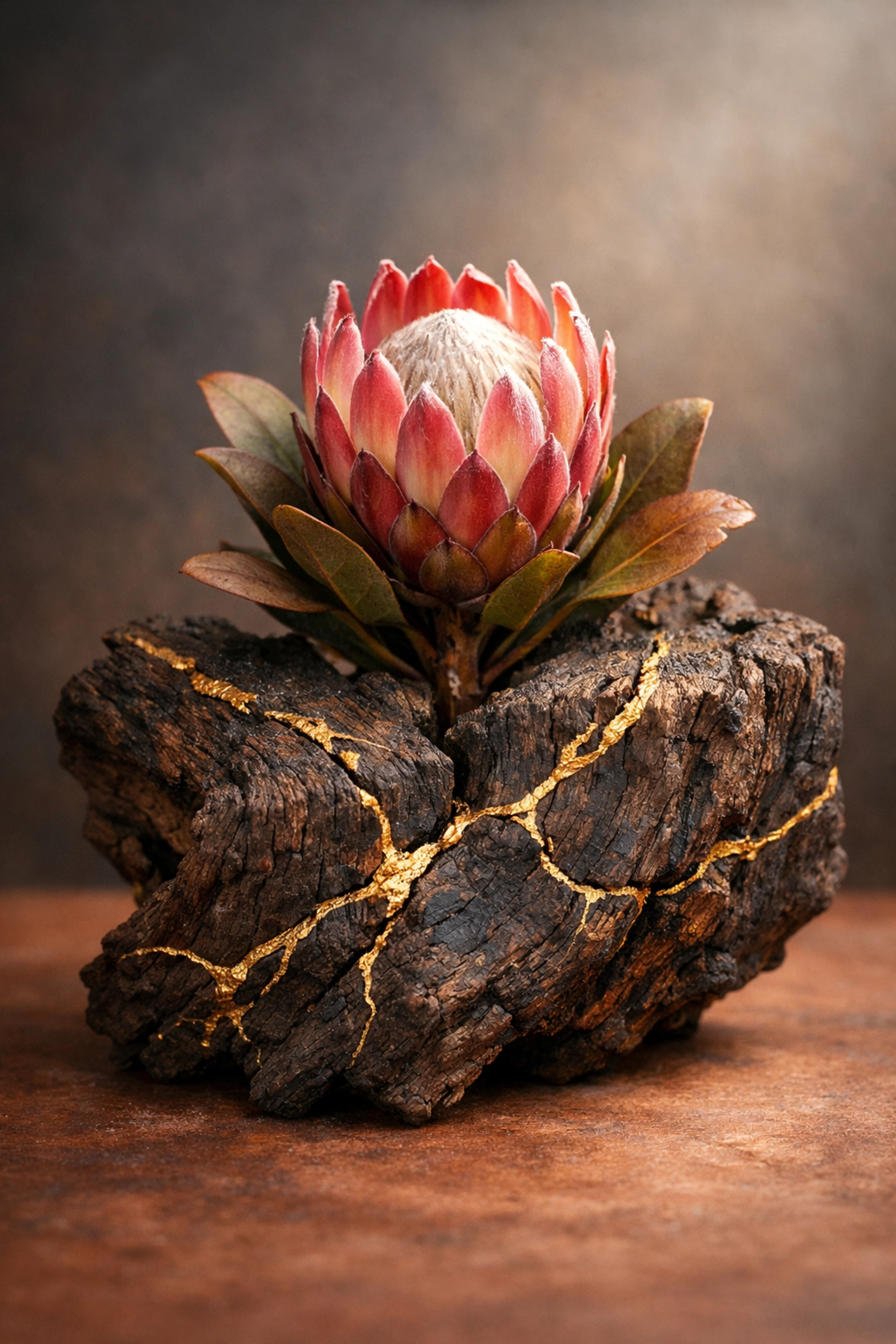 A protea flower blooming from wood with gold-filled cracks symbolizing healing core wounds.