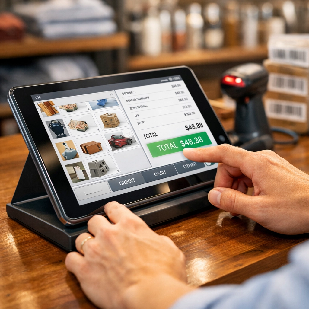 Retail POS tablet system managing inventory on shop counter