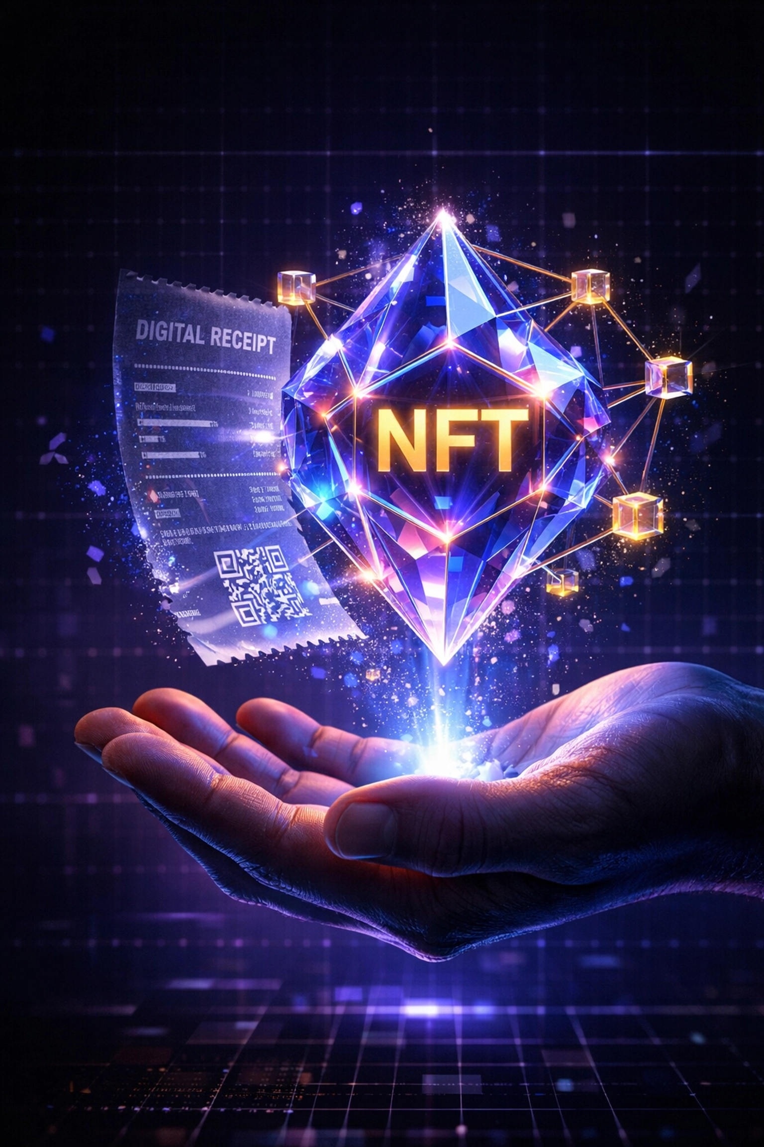 Digital receipt transforming into an NFT token on blockchain for Web3 merchant payment verification