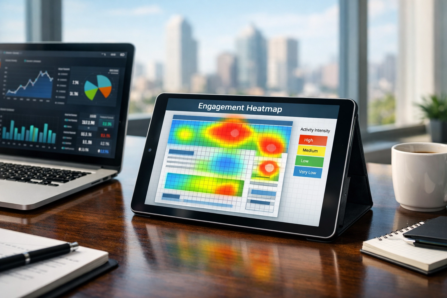 Modern digital analyst workspace featuring engagement heat maps for optimized media innovation strategies.