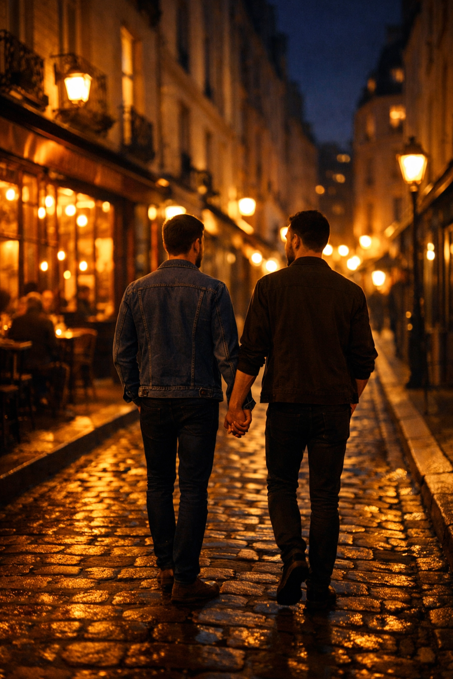 Gay couple walking hand-in-hand through Le Marais Paris at night